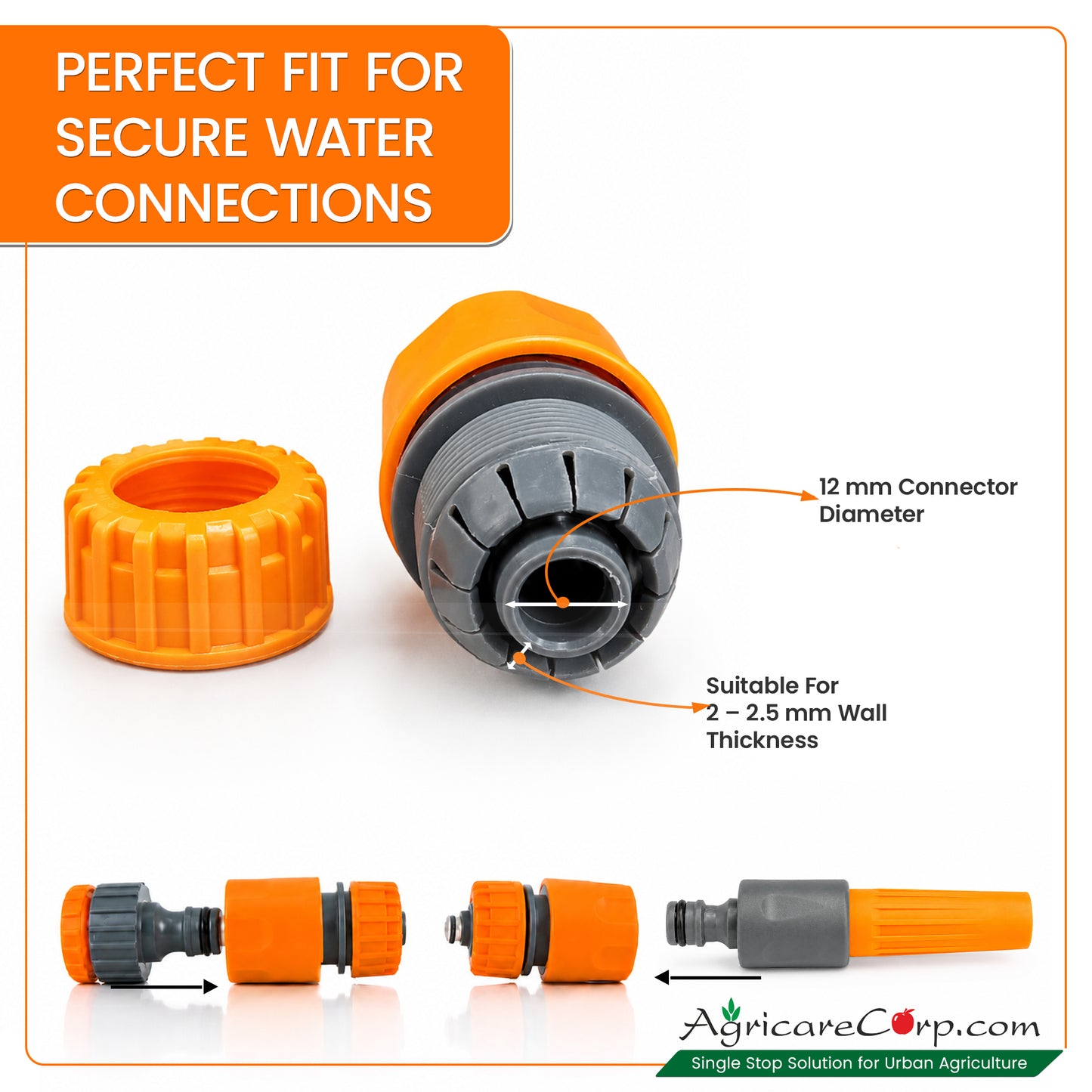 Agricare quick-connect hose coupling cross-section detail showing 12mm connector diameter and suitable for 2 to 2.5mm wall thickness callouts — assembly sequence showing tap adapter clicking into coupling and nozzle connecting