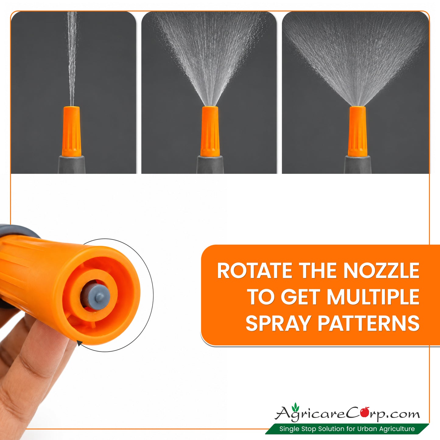 Agricare 3-mode straight nozzle showing all three live spray patterns — narrow Jet, medium Cone and wide Fan — with hand holding nozzle face-on and Rotate The Nozzle To Get Multiple Spray Patterns instruction