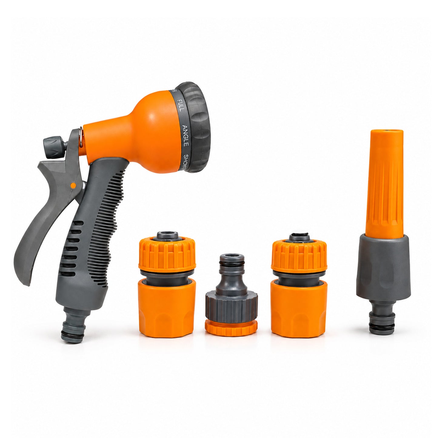 Agricare complete 5-piece spray kit on white background — 8-in-1 multi-mode spray gun, 3-mode straight nozzle, two orange quick-connect hose couplings and grey tap adapter nipple displayed together