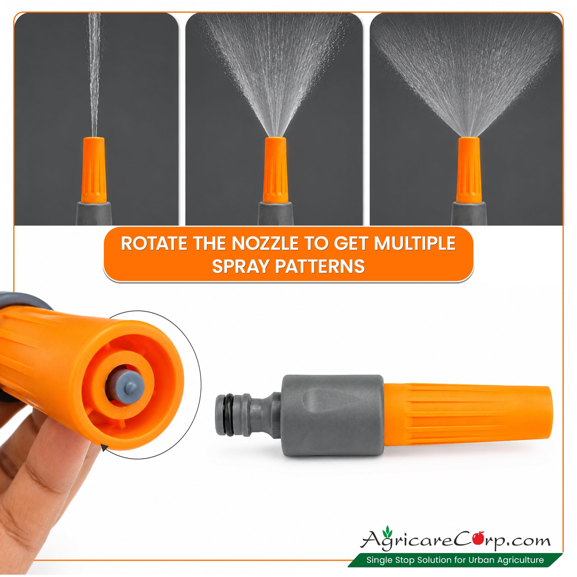 Agricare 3-mode straight nozzle spray patterns with connector assembly — three live spray photos Jet Cone and Wide Fan at top, hand holding nozzle face-on below with Rotate The Nozzle instruction and quick-connect tap adapter detail