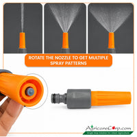 Agricare 3-mode straight nozzle spray patterns with connector assembly — three live spray photos Jet Cone and Wide Fan at top, hand holding nozzle face-on below with Rotate The Nozzle instruction and quick-connect tap adapter detail