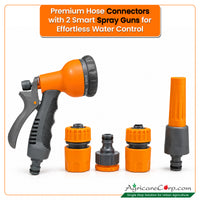 Agricare complete garden spray combo showing 8-in-1 spray gun with two quick-connect hose couplings, tap adapter and 3-mode straight nozzle — Premium Hose Connectors with 2 Smart Spray Guns for Effortless Water Control headline