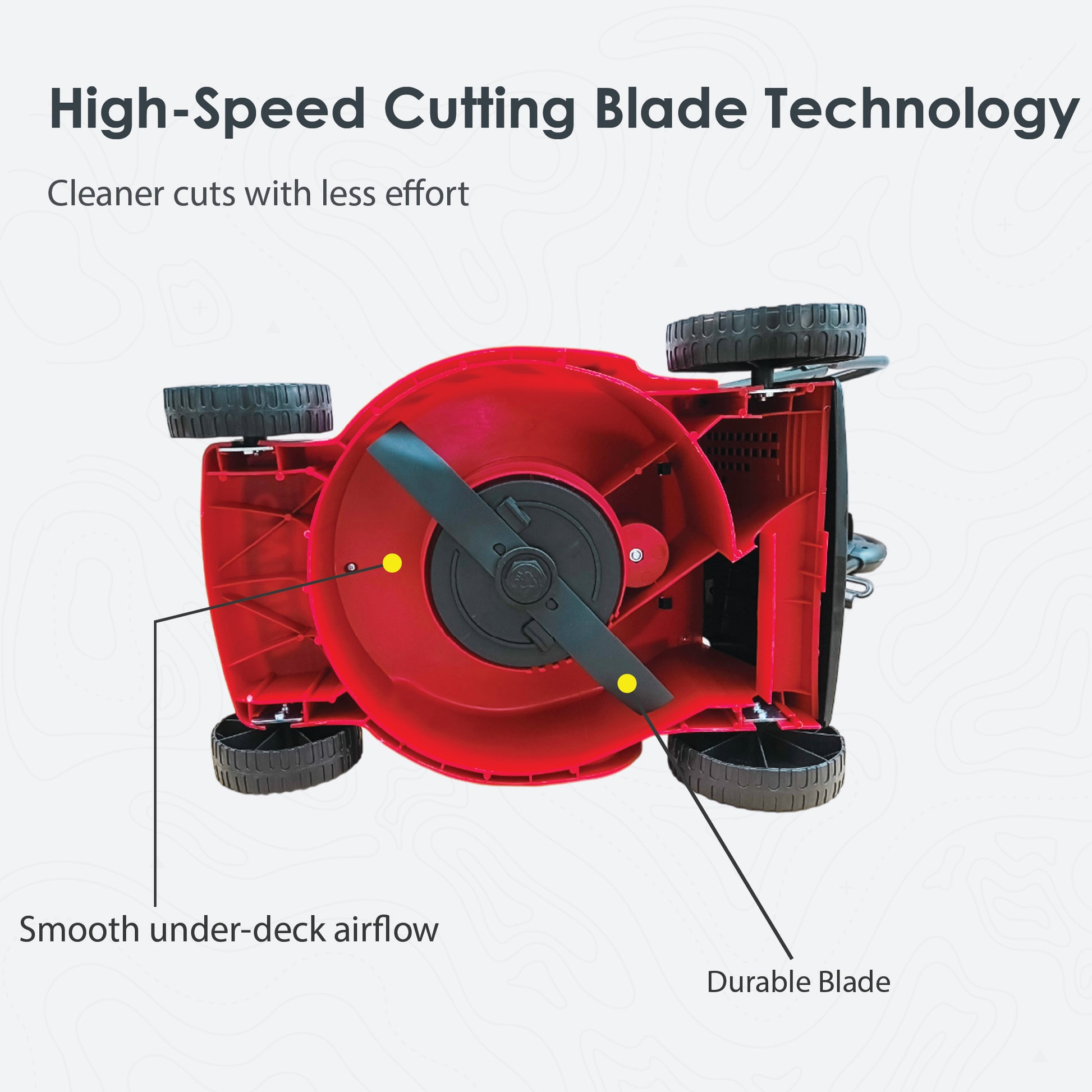 Lawn Star Minimo lawn mower bottom view showing high-speed cutting blade and airflow deck