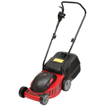 Lawn Star Minimo electric lawn mower front-side view with grass catcher attached.