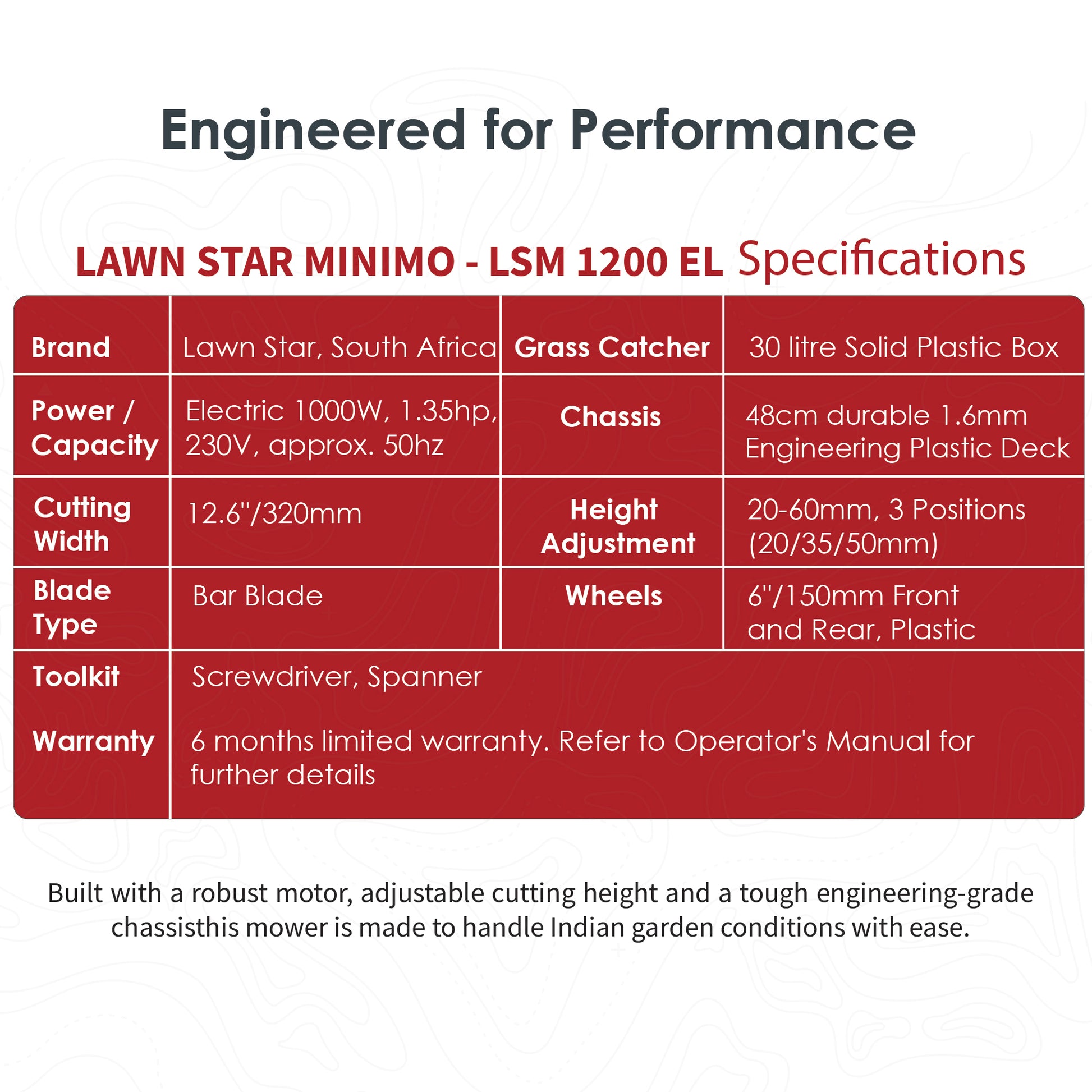 Lawn Star Minimo LSM 1200 EL lawn mower specifications chart with power, cutting width, grass catcher, chassis and features