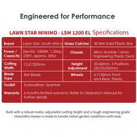 Lawn Star Minimo LSM 1200 EL lawn mower specifications chart with power, cutting width, grass catcher, chassis and features