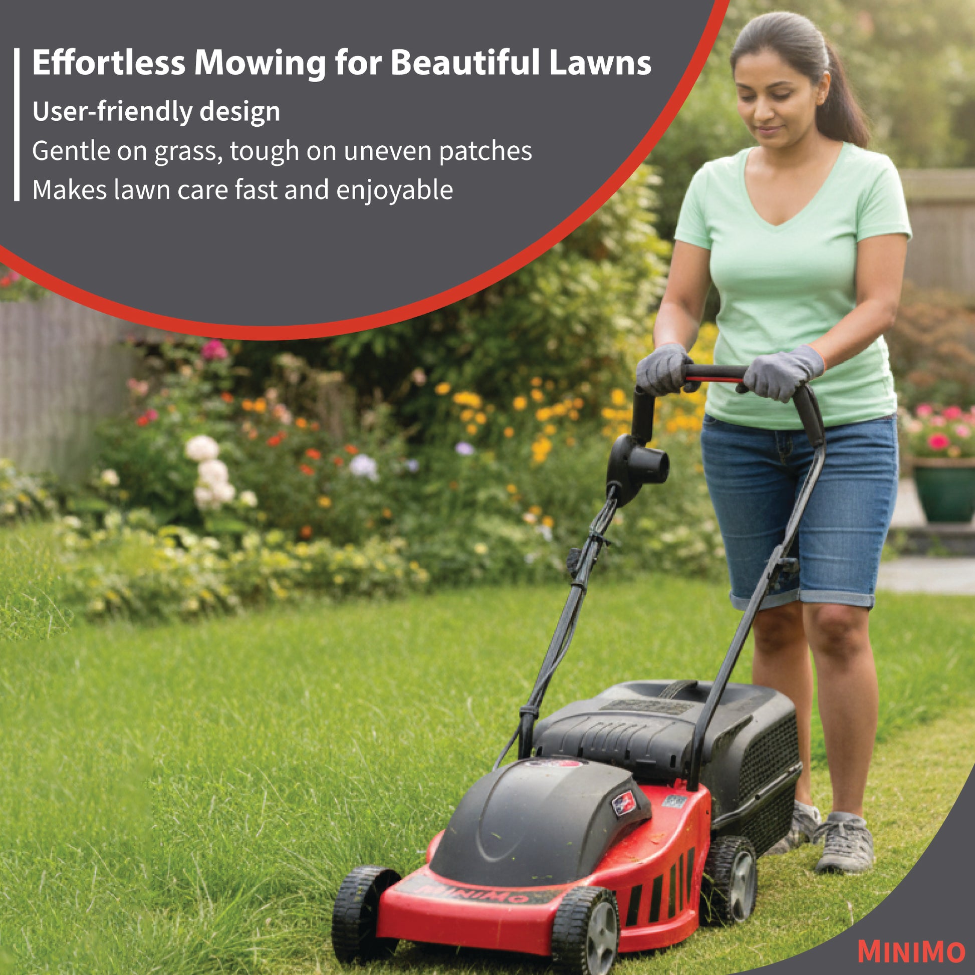 Woman mowing grass using Lawn Star Minimo electric lawn mower showcasing user-friendly lawn care.