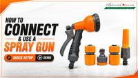 Agricare spray gun and hose connector kit setup guide video thumbnail — 8-in-1 orange and grey multi-mode spray gun with two quick-connect hose couplings, tap adapter and 3-mode straight nozzle — How To Connect and Use A Spray Gun Quick Setup Demo by AgricareCorp.com